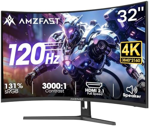 Amzfast 32" 4K 120Hz Curved Gaming Monitor, 3840x2160 UHD, PIP/PBP, Adaptive Sync, 131% sRGB, 3000:1 Contrast,HDR, 300nits, 1500R, HDMI2.1(VRR)& DP1.4, Built-in Speaker, Eyes Care, VESA Mount by Amzfast
