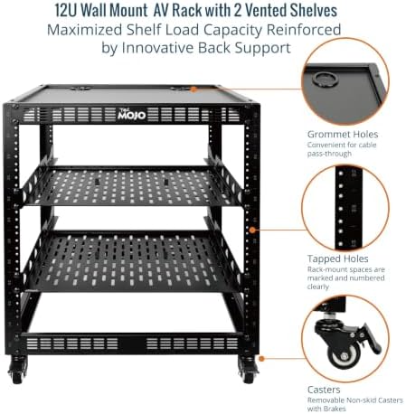 TECMOJO 12U Open Frame Network Rack for IT & AV Gear, 4-Post With Casters, Mobile With 2 PCS 1U Server Shelf & Mounting Hardware, for 19" Network, Audio and Video Device - Image 4