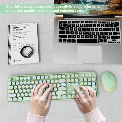 Wireless Keyboard and Mouse Combo, Ergonomic Full Size Typewriter Retro Round Keycaps Keyboard, Compatible with Windows, PC, Perfer for Home and Office Keyboards (Green - Image 7