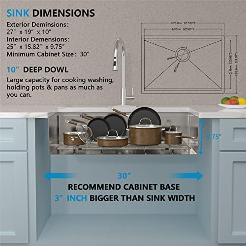 27 Undermount Kitchen Sink - Fulorni 27"x19" Kitchen Sink Ledge Workstation Under Counter 16 Gauge 304 Stainless Steel Single Bowl Basin - Image 5