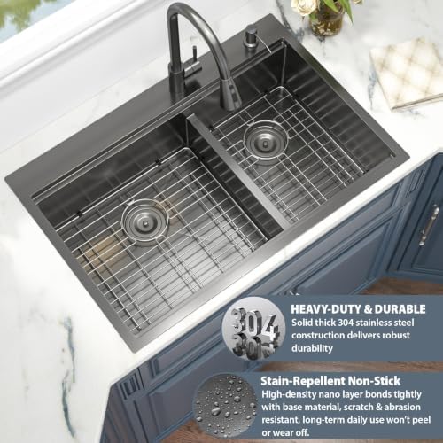 33 x 22 Black Kitchen Sink Drop In Stainless Double Bowl Workstation - Image 4