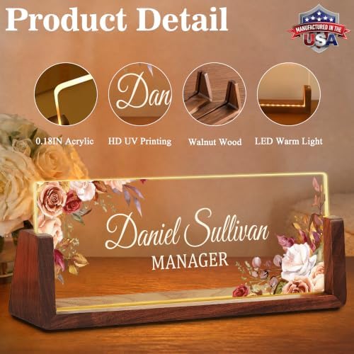 Custom Name Plate for Desk with LED Walnut Frame, Office Desk Decor - Image 2