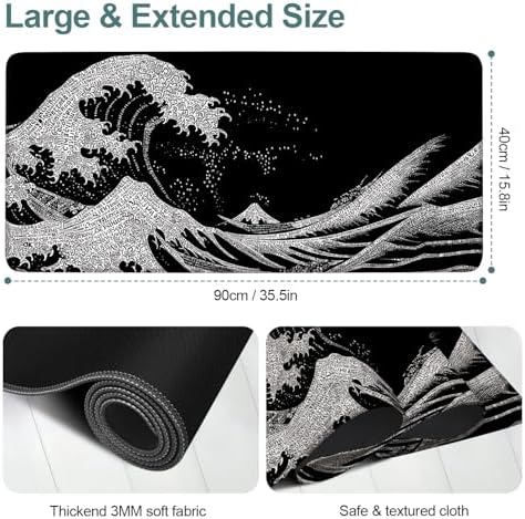 Black Waves Gaming Mouse Pad 35.4"x15.7" Large Extended Pad Desk Mat Anti-Slip Rubber Base & Durable Stitched Edges for Gamers Smooth Mouse Pad Writing Surface for Desk Office/Home - Image 2