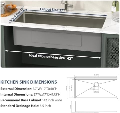 Lordear 39 Inch Undermount Kitchen Sink Workstation Large Single Bowl Under Counter Kitchen Sink T304 16 Gauge Stainless Steel Basin 39x19X10 Inch - Image 5