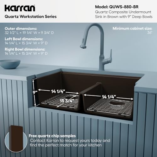 Karran 32.5" Brown Quartz Composite Undermount Double Bowl Workstation Kitchen Sink, 50/50 Chef Prep Station with Cutting Board, Roll-Up Mat, Colander, Bottom Grids and Accessories – QUWS-880 - Image 6