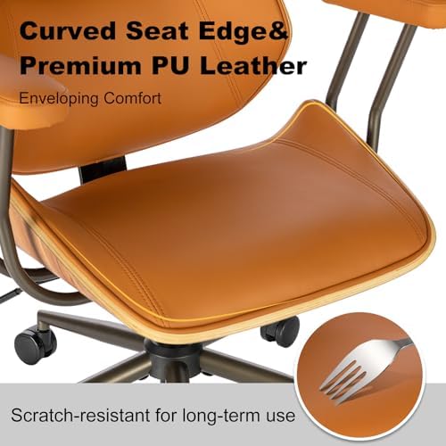 Mid Century Walnut Bentwood PU Leather Office Chair with Arms, Brown - Image 7