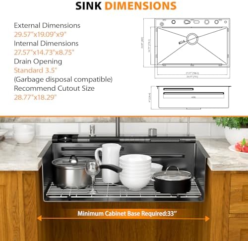 Mocoloo 30 Inch Black Honeycomb Waterfall Kitchen Sink Drop in, 30x19 Inch Stainless Steel Workstation Sink 16 Gauge Topmount Single Bowl LED Display Sink with Complete Kit - Image 3