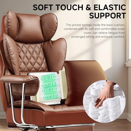 COMHOMA Big and Tall Office Chair, High Back Leather Gaming Chair with Footrest, Executive Ergonomic Office Chairs with Pocket Spring Lumbar Support and with Outward Fixed Soft Armrests - Image 4