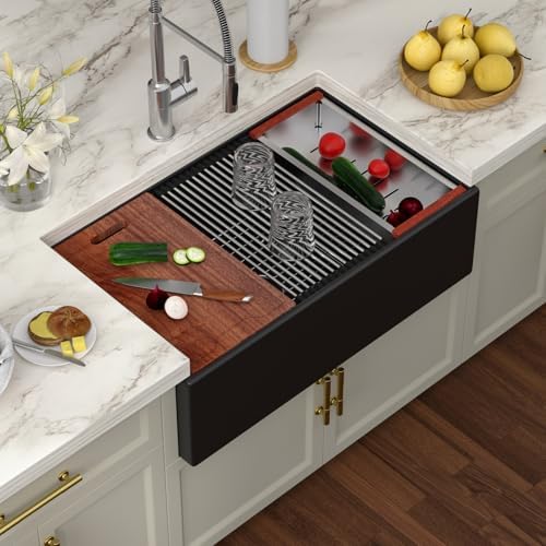 Black Farmhouse Sink Workstation 33 Inch Matte Black Apron Front Fireclay Farm Sink Reversible Apron Ceramic Single Bowl Sink Large Deep Farm Kitchen Sinks with Luxury Accessories by Couoko