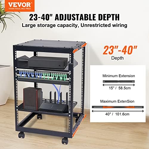 VEVOR 15U Open Frame Server Rack, 23''-40'' Adjustable Depth, Free Standing or Wall Mount Network Server Rack, 4 Post AV Rack with Casters, Holds All Your Networking IT Equipment AV Gear Router Modem - Image 2