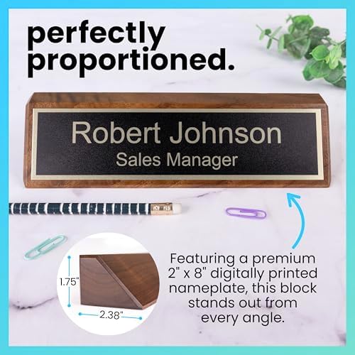 ExcelMark Personalized Walnut Wood Business Desk Black Name Plate with Gold Letters - 2"x 8" - Image 3