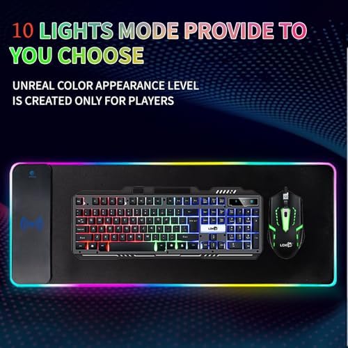 RGB Gaming Mouse Pad with Wireless Charging 15W, LED Mouse Mat 31.5 * 11.8 in, 10 Light Modes Extra Large Mousepad Non-Slip Rubber Base Computer Keyboard Mat for Gaming, MacBook, PC, Laptop, Desk - Image 2