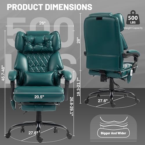 Massage Office Chair with Foot Rest,6 Points Vibration & Heat Executive Office Chairs for Heavy People,500LBS Big and Tall Office Chair,Ergonomic Reclining Desk Chair,Dual-Use Pillow,Home Office,Green - Image 3