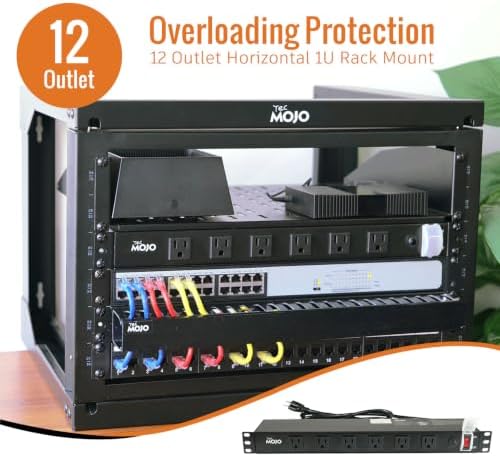Tecmojo 1U Rackmount Network-Grade PDU, 12 Wide-Spaced Right Angle Outlets, Circuit Breaker 12A (UL Certified 12A) 6ft Cord w/ 5-15P Plug, Black(SKU# 13111201) - Image 3