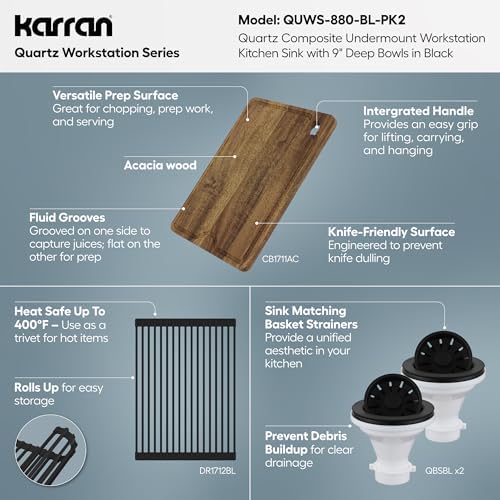 Karran 32.5 Inch Undermount Quartz Composite Workstation Kitchen Sink, 50/50 Double Bowl Low Divide with Color Matched Accessories, Cutting Board, Drying Mat, Colander & Strainers Black - Image 5