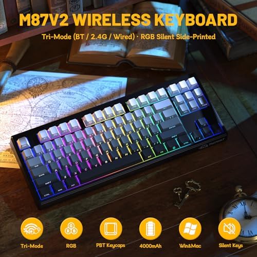 ZIYOU LANG M87V2 Wireless Gaming Keyboard, 80% TKL 87-Key Low Profile, Moon - Image 2