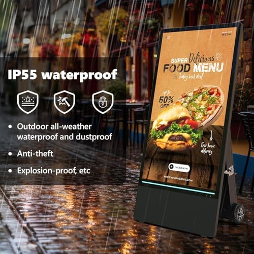 55 Inch Outdoor Digital Signage Kiosk, IP65 Waterproof Portable A-Frame LCD Display with Rechargeable Battery, 2000-Nit Auto-Brightness and Impact-Resistant Screen for Retail Store - Image 2