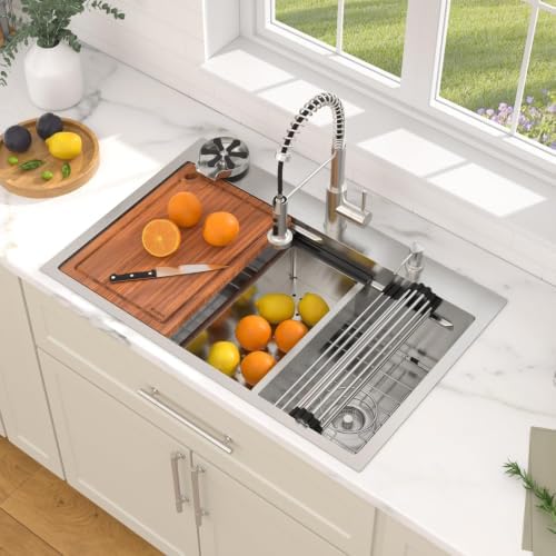 Dcolora 33" Drop In Stainless Steel Kitchen Sink Workstation with Faucet - Image 2