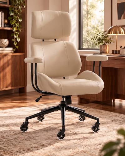 E-Motie Mid-Century Modern Desk Chair, Beige Ergonomic Leather Office Chair by E-Motie