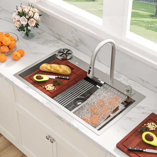Sarlai Waterfall Kitchen Sink - 33 Inch Drop In Workstation Sink With Waterfall Stainless Steel 16 Gauge Multifunction Single Bowl Smart Top Mount Kitchen Sinks with Mechanical Keys 33x19x9 Inch - Image 2