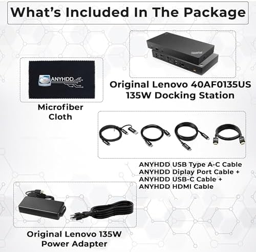 40AF0135US Lenovo Docking Station Dual Monitor Hybrid USB-C with USB-A - 1 Year Warranty, Thinkpad Dock w/ 135W Adapter, ANYHDD HDMI, DisplayPort, USB-C Cables, Cloth - Lenovo Laptop Docking Station - Image 2