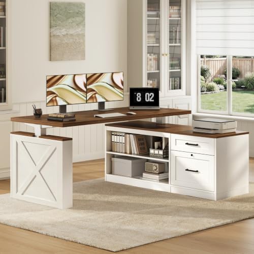 OffiGo 55 Inch Farmhouse L Shaped Electric Standing Desk, Walnut+White - Image 3