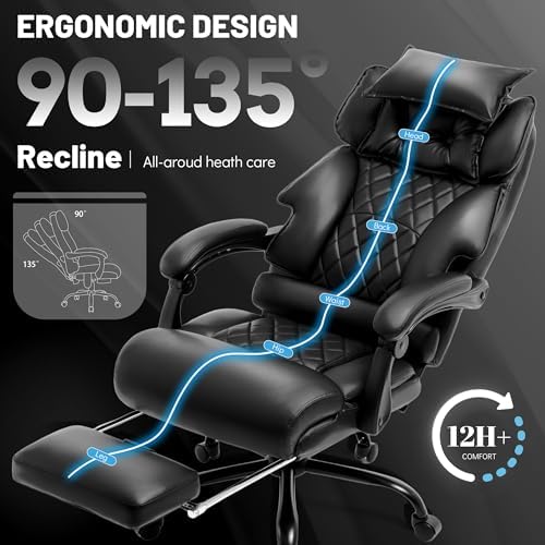 Massage Office Chair with Foot Rest,6 Points Vibration & Heat Executive Office Chairs,500LBS Big and Tall Office Chair for Heavy People,Ergonomic Reclining Desk Chair,Dual-Use Pillow,Home Office,Black - Image 6