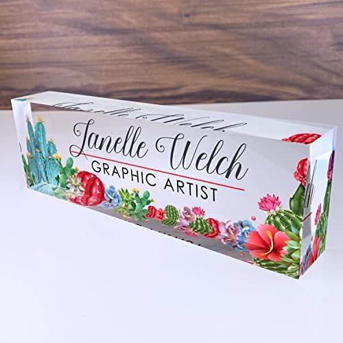 Artblox Office Desk Name Plate Personalized | Custom Name Plates for Desks | Cactus Design On Clear Acrylic Glass | Cute Office Desk Accessories Customized Gifts - (8" x 2.5") by Artblox