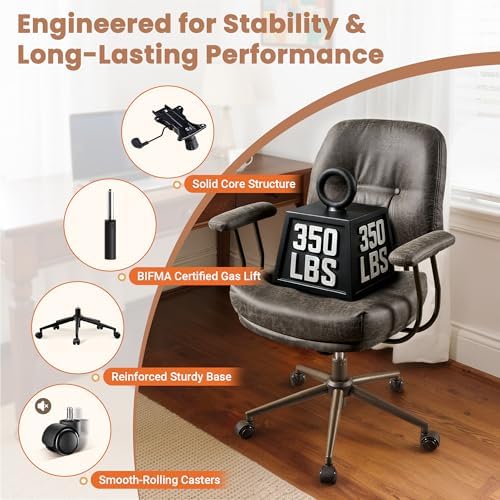 Leather Home Office Chair, Mid Back Ergonomic Desk Chair with Lumbar Support, Mid Century Modern Deep Seat Swivel Rocking Computer Chair, Dark Gray - Image 6