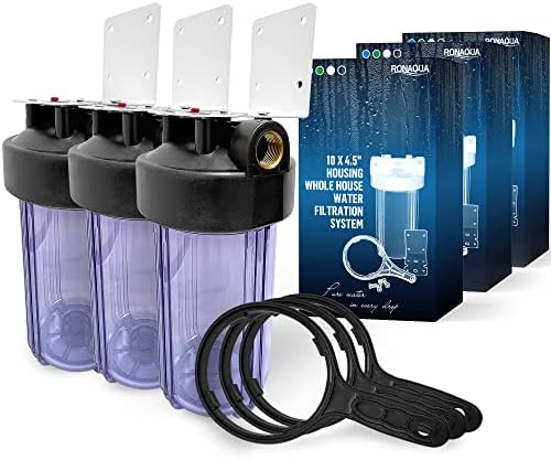 High Capacity 10 x 4.5” Whole House Filter Purifier System for Well or City Water, Presser Relief Button, 1” NPT Brass Port, Double O-Ring, Meets NSF Standards & Regulations (Transparent, 3 Sets) by Ronaqua