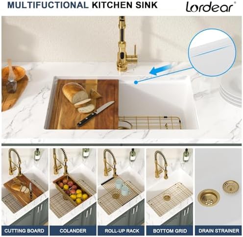 Lordear 28 Inch White Granite Composite Kitchen Sink Workstation 28x19 White Undermount Quartz Sinks Under Counter Single Bowl Sink with Classic Gold Accessories - Image 5