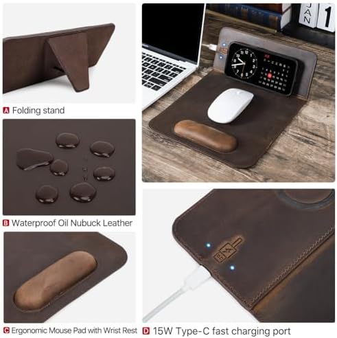 Hiram Premium Crazy Horse Leather Mouse Pad with 15W Wireless Charging - Ergonomic Wrist Rest, Waterproof, and High-End Cowhide Touch(9inx13in) - Image 5