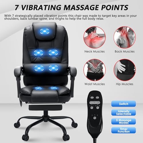 HOFFREE Massage Office Chair with Foot Rest 7 Points Vibration,Black - Image 3