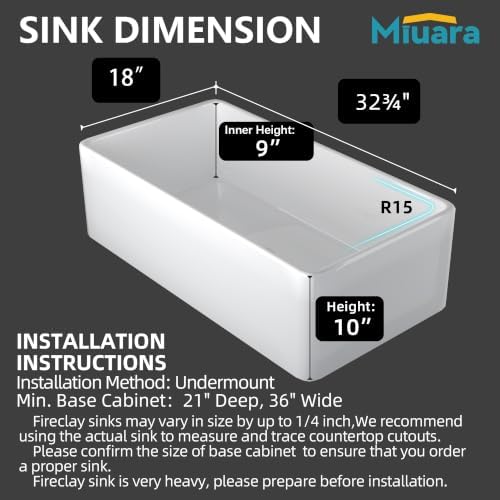 Miuara Farmhouse Sink 33 x 18 Inch White Fireclay Apron Front Kitchen Sink - Image 3
