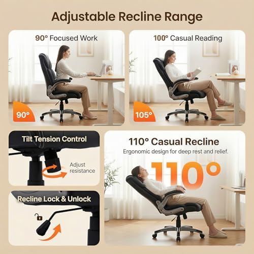 COLAMY Ergonomic Executive Office Chair, High Back Desk Chair with Adjustable Lumbar Support, Flip-Up Armrests & Thick Seat Cushion, 90°–110° Reclining Computer Chair for Home Office,Set of 2 - Image 6