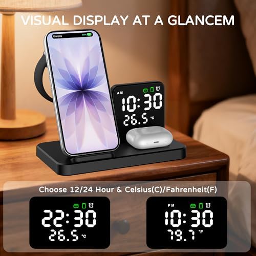 5 in 1 Wireless Charging Station with Alarm Clock Pen Holder, Fast Wireless Charger for iPhone 17/16/15/14/13/12/Pro/Max/Air, for iWatch & AirPods, Charger Stand with Temperature, Snooze Model White - Image 4
