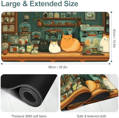 Cute Cat Gaming Mouse Pad 35.4"x15.7" Large Extended Pad Desk Mat Anti-Slip Rubber Base & Durable Stitched Edges for Gamers Smooth Mouse Pad Writing Surface for Desk Office/Home - Image 2