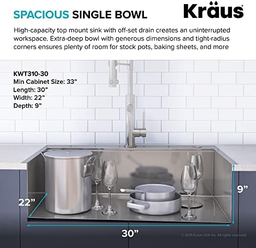 KRAUS Kore™ Workstation 30-inch Drop-In 16 Gauge Single Bowl Stainless Steel Kitchen Sink with Accessories (Pack of 5) with WasteGuard™ Continuous Feed Garbage Disposal, KWT310-30-100-75MB - Image 3