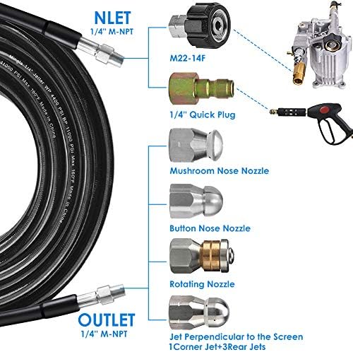 Sewer Jetter Kit for Pressure Washer 150FT, 5800PSI Drain Cleaner Hose 1/4 Inch NPT Corner, Rotating and Button Nose Sewer Jetting Nozzle Pearl Corsage Pin Waterproof Tape with 2 Spanner - Image 2