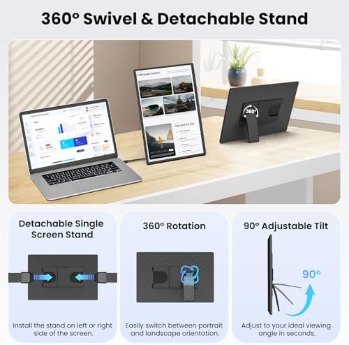 16.1" Portable Monitor for Laptop - 1200P FHD, Ultra-Thin Laptop Screen Extender Horizontal Vertical with 360° Rotating Detachable Stand, Plug & Play, Dual Travel Monitor for Laptop Wins Mac Chrome - Image 4