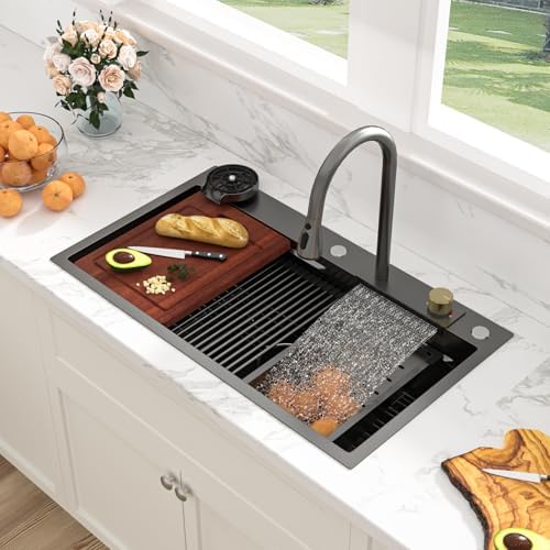 Sarlai 33 Inch Waterfall Kitchen Sink - 33x19 Black Waterfall Drop In Sink Workstation Stainless Steel 16 Gauge Sink Multifunction Single Bowl Smart Top Mount Kitchen Sinks with Faucet Combo by Sarlai
