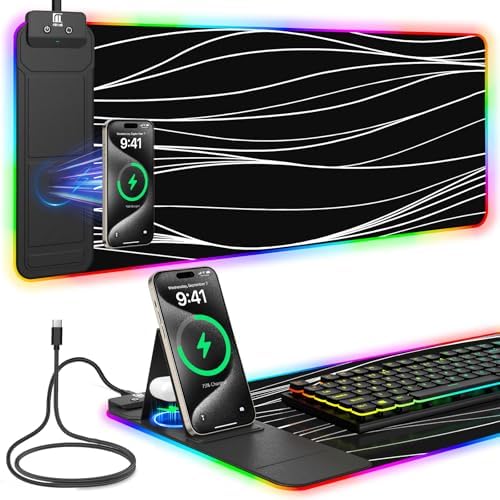 Mouse Pad with Foldable Phone Holder & Wireless Charger, XL RGB Gaming Mousepad 31.5"x11.8" Large Desk Mat for Keyboard, Home Desk Pad with Dual Qi Charging Station | 11 Colors & 5 Modes | Waterproof by miroddi