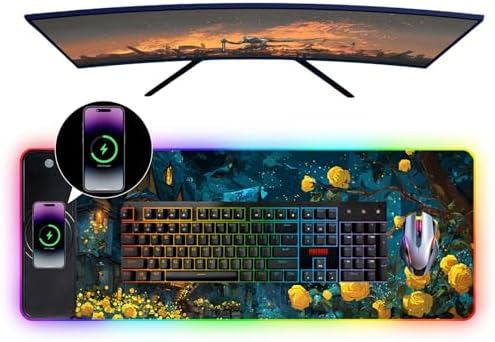 Wireless Charging RGB Gaming Mouse Pad, 31.5 x 11.8 Inch Extended Mouse Mat with Fantasy Castle & Rose Design, LED Desk Pad with 7 Lighting Modes, Non-Slip Base for Gaming & Office - Image 4