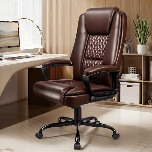 Office Chair, High Back Ergonomic Home Office Desk Chairs with Lumbar Support, Adjustable Big and Tall Computer Chair, 360° Swivel, PU Leather, Brown - Image 2
