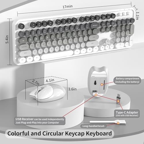 Creamy Wireless Keyboard and Mouse, MOFII 104 Round Keycaps Retro Typewriter with OTG & Brush, Full-Size Ergonomic, Ideal for Windows PC, Home, Office and College Gray White - Image 5