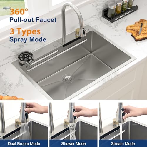 Sarlai 28 Inch Waterfall Kitchen Sink Drop In - 28x22 Waterfall Drop Workstation Stainless Steel 16 Gauge Multifunction Single Bowl Smart Top Mount Kitchen Sink with Faucet Combo - Image 5