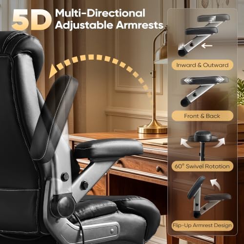 600LBS Large Big and Tall Office Chair, Heavy Duty Wide Ergonomic Gaming Office Chair with 5D Flip Arms, Comfy PU Leather Executive Office Desk Chair, Extra Wide Padded Seat, Adjustable Lumbar - Image 5