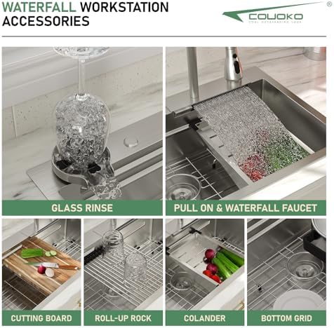 33 Inch Drop In Workstation Waterfall Kitchen Sink with Accessories - Image 6