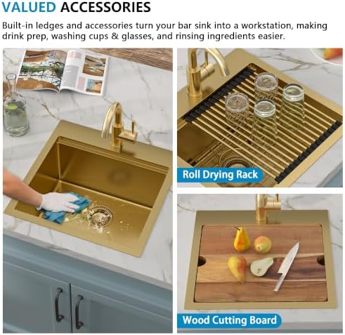 18"x18" Gold Bar Prep Sink Drop In Workstation with Faucet Combo - Image 6