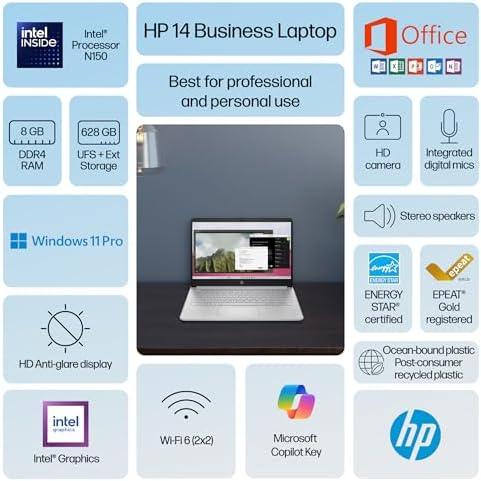 HP Ultrabook 14 Laptop Computer Business Study & Home 2025, Lifetime MS Office + Windows 11 Pro, Quad-Core Intel CPU, 8GB RAM & 628GB Storage (128GB UFS+500GB Ext), Wi-Fi 6, HubxcelAccessory, Silver - Image 3